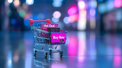 A close up view of a neon lit shopping cart filled with Hot Deal and Buy Now labels placed against a futuristic bokeh infused background with vibrant colors and blurred city lights