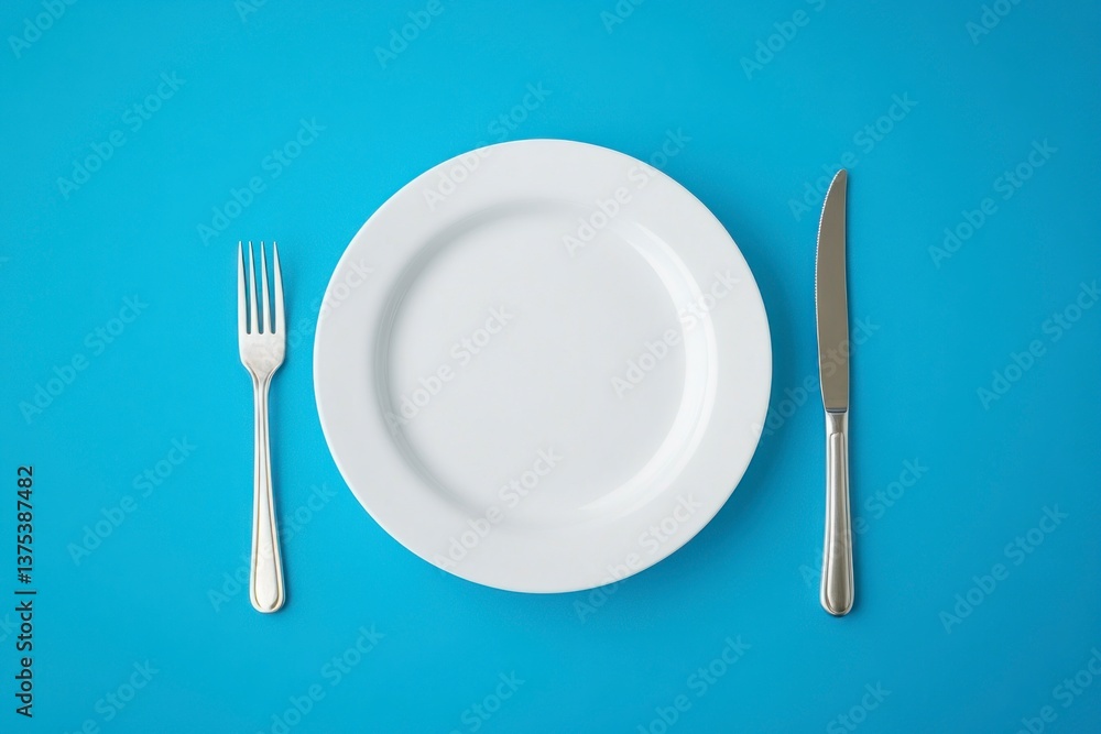 Poster minimalist table setting flat lay with empty plate and silverware