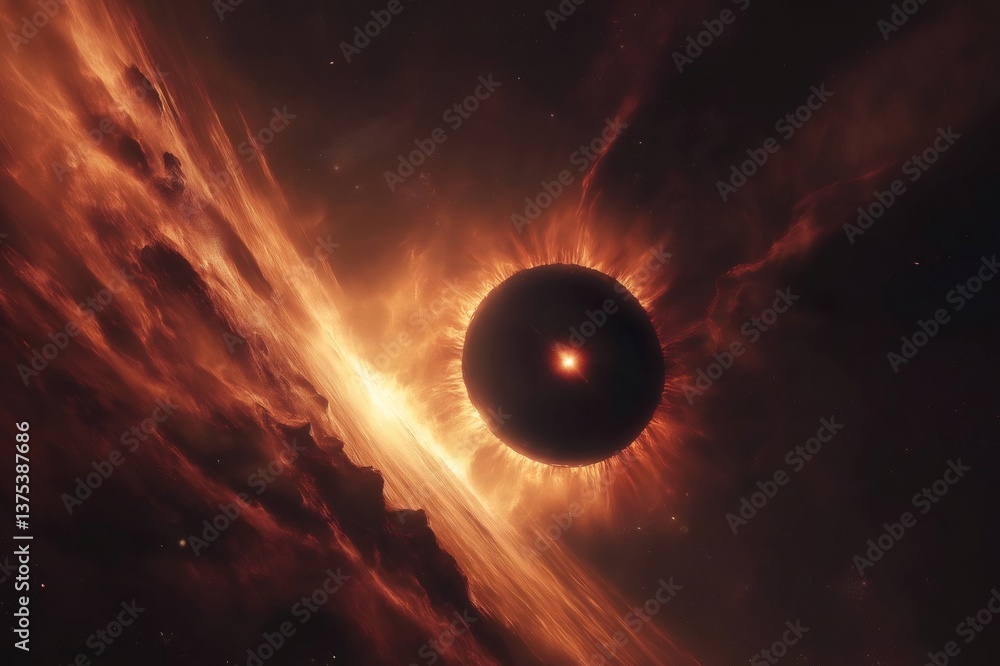 Poster visualization of a dying star collapsing under its own gravity, emitting a bright orange light and c