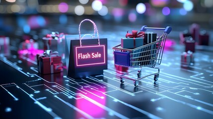 A futuristic digital scene featuring a shopping cart holding a glowing Flash Sale sign and a gift box set against a circuit inspired surface in vibrant purple and blue tones