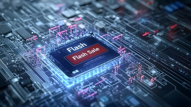 A close up view of a futuristic digital platform with glowing circuit boards microchips and a prominent  Flash Sale  label indicating a promotional shopping in a virtual technology driven environment