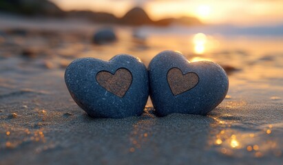 Fototapeta premium Heart Shaped Stones on Sandy Surface with Concentric Waves and Evening Light