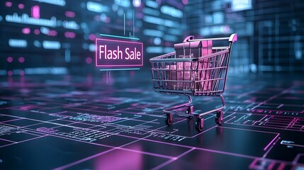 A high tech neon lit digital shopping cart glowing with a Flash Sale promotion set against a vibrant purple and blue grid background