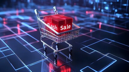 A digital promotion design featuring a glowing futuristic shopping cart displaying a Flash Sale offer and a gift box set against a high tech purple and blue grid background