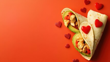 Delicious chicken burritos arranged with lovely heart shaped decorations