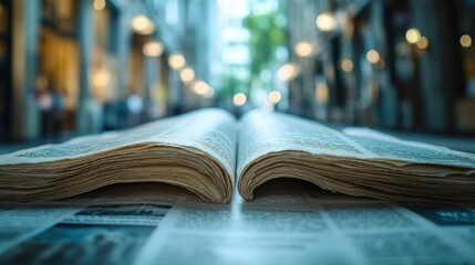 Open newspaper on city street with blurred background lights