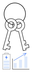 Interconnected keys symbolize solutions and connection. Battery icon represents energy and power. Rising bar chart reflects growth and success. Ideal for energy, strategy, innovation, growth