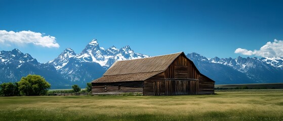 A picturesque rural scene featuring a traditional wooden barn with a pitched roof nestled in a grassy field set against a backdrop of snow capped mountains under a clear blue sky with a dramatic