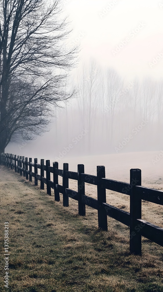 Poster a serene and atmospheric image showcasing a wooden fence winding through a tranquil rural landscape 