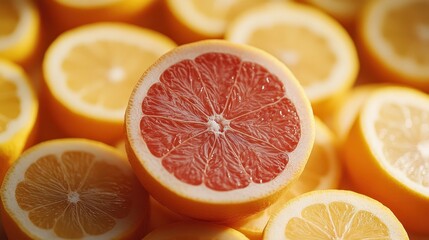 Fototapeta premium Close-up of freshly sliced grapefruit and lemons