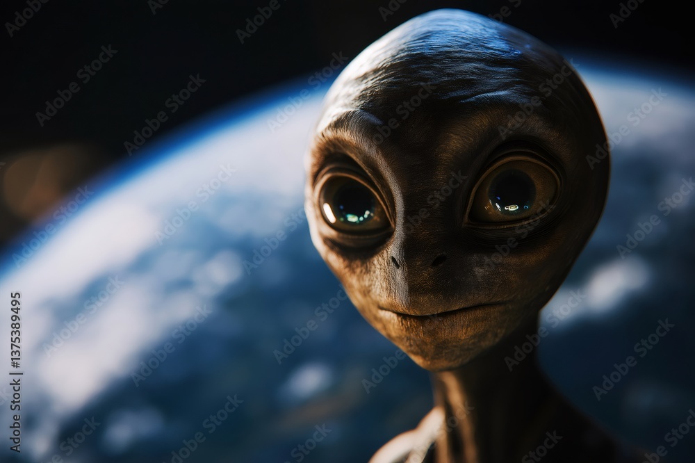 Poster grey alien watching planet earth from a spaceship, exploring the universe and searching for new worl