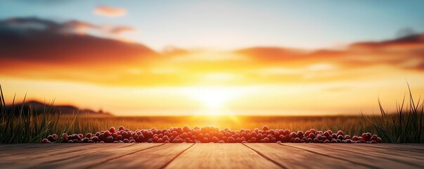 Fototapeta premium Summer berries sunset dramatic clouds with fiery sunbeam over tranquil mist concept. Stunning sunset over a peaceful field with wooden foreground.