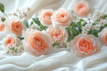 Obraz premium Pink Roses and White Flowers on Soft White Fabric Background for Wedding Mother´s Day Valentine Decoration