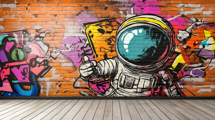 An astronaut is depicted in graffiti art on a brick wall with other colorful patterns. The astronaut gives the thumb up