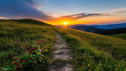 Summer berries sunset dramatic clouds with fiery sunbeam over tranquil mist concept. Breathtaking sunset over a serene grassy landscape pathway.