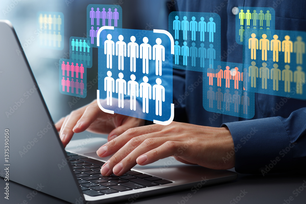 Poster Target market or audience. Marketing segmentation strategy and analysis. Marketer using laptop computer to research customer data.
