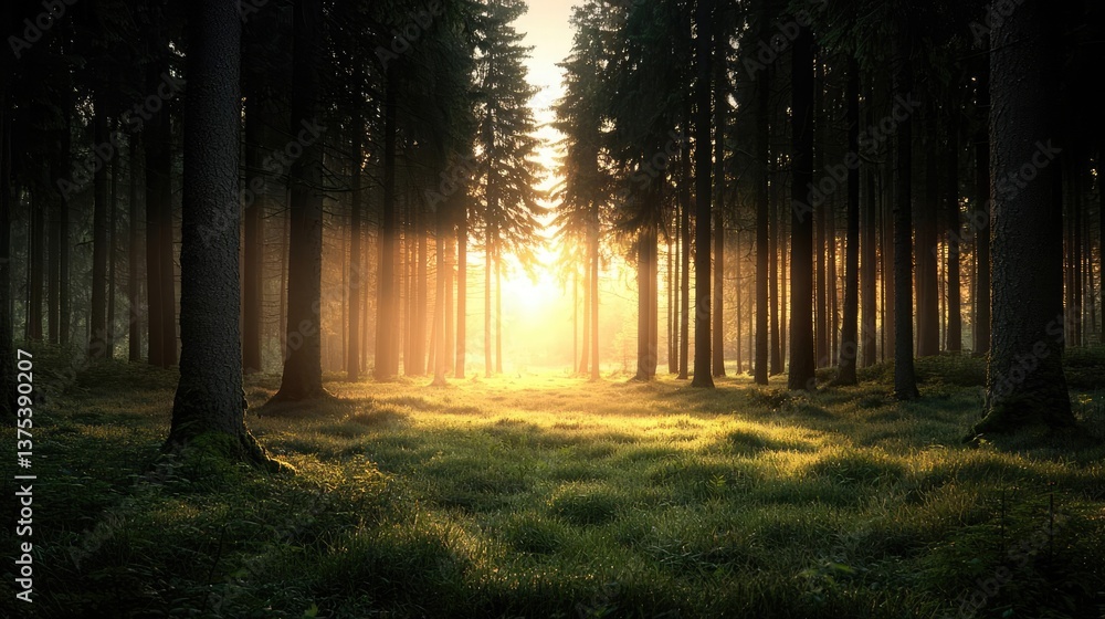 Poster forest at sunset rays illuminate serene pathway in twilight concept. sunlight filters through dense 