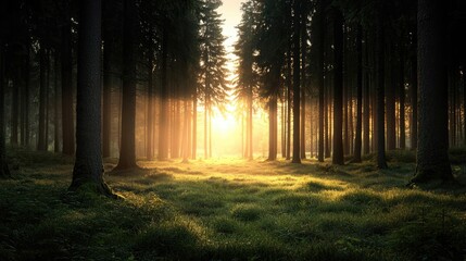 Fototapeta premium Forest at sunset rays illuminate serene pathway in twilight concept. Sunlight filters through dense trees in a serene forest landscape.