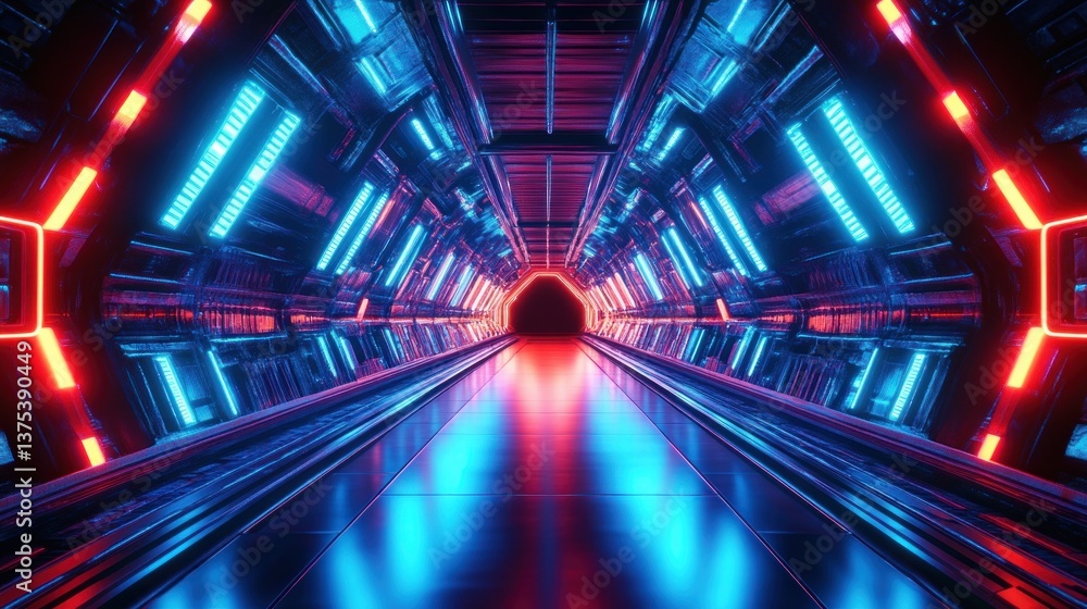 Poster cyber tunnel in futuristic spaceship with neon lights and dynamic perspective