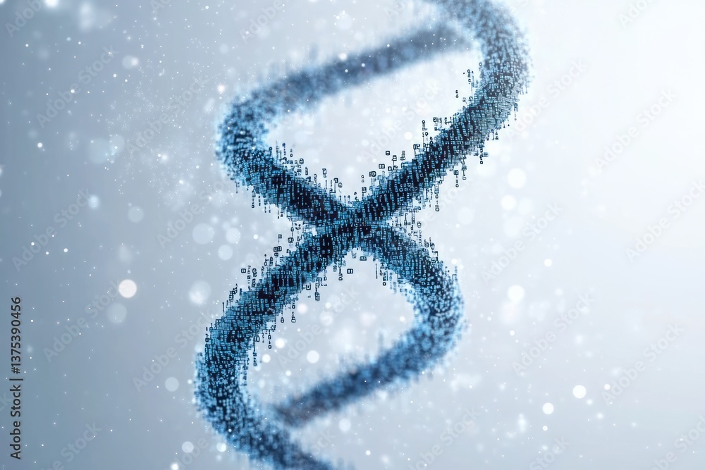 Poster futuristic digital dna helix in binary code, minimalistic science and technology concept