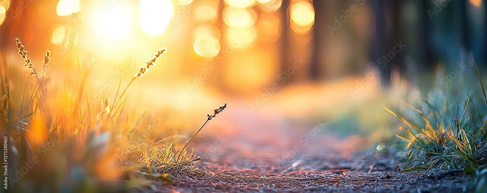Poster forest at sunset rays illuminate serene pathway in twilight concept. a serene path illuminated by so