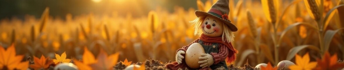 Charming scarecrow cradles eggs amidst autumn corn stalks , pumpkins, texture , Halloween