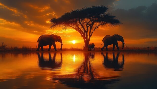 elephants family silhouette near acacia tree at sunset in african savanna