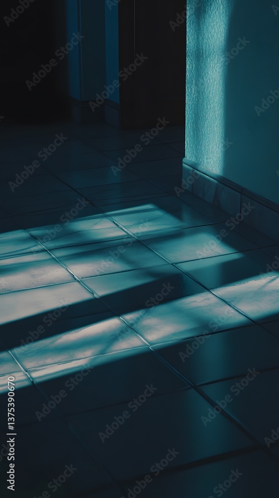 Poster dark shadows cast across a clean geometric tiled floor creating a moody cinematic atmosphere with a 