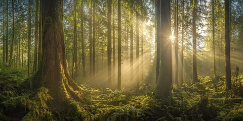 Fototapeta premium Captivating images of dense forests with sunlight filtering through the canopy, highlighting the tranquility and richness of natural habitats. 