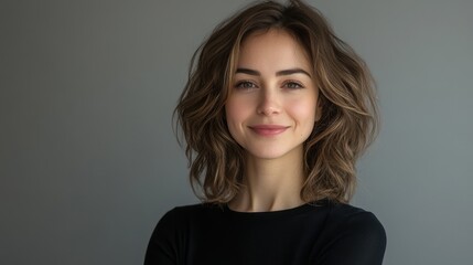 Fototapeta premium Young caucasian female with wavy hair smiling in black top against neutral background