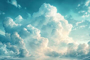 Fototapeta premium serene blue sky background soft fluffy white clouds watercolor natural daylight tranquil landscape
