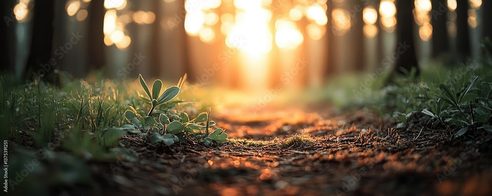 Poster forest at sunset rays illuminate serene pathway in twilight concept. a serene forest path illuminate