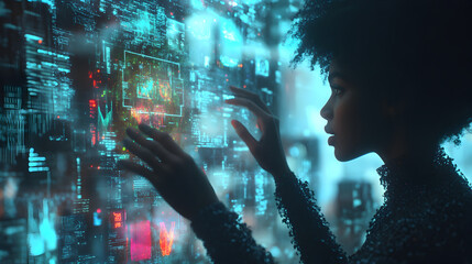 interacting with a holographic interface, manipulating digital data and graphics floating in mid-air in a high-tech environment 