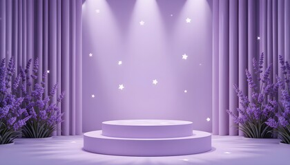 Lavender product display stage with podium and curtain background for mockup show