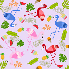 Colorful Tropical Flamingo Pattern with Fruits and Flowers