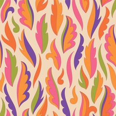 Decorative seamless pattern with abstract shapes of leaves and herbs. Artistic botanical vector background. Artisanal style of folk fairy tales allover print for fabric, textile, paper, package