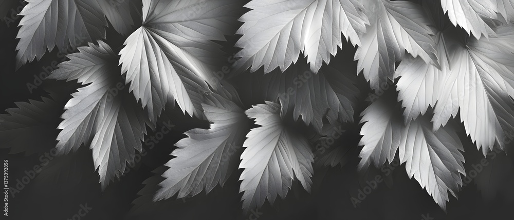 Poster black and white image featuring a group of angular textured leaves against a lighter background with