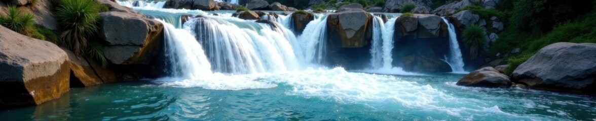 Fototapeta premium Foaming water tumbles over rocks, creating a pool at the waterfall's base , photography, vista