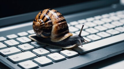 Snail on keyboard representing slow internet speed, loading issues, and digital frustration