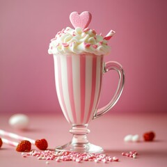 Delicious Pink Milkshake with Heart Topping and Striped Straw