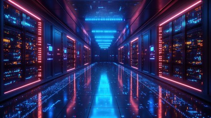 Obraz premium Futuristic Server Room with Glowing Blue LED Lights and Modern Technology