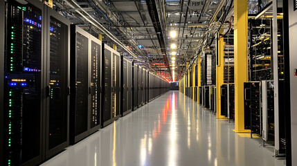 center with rows of servers, flashing lights, and high-tech monitoring systems, indicating the complexity and power of the digital infrastructure 