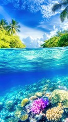 Tropical Paradise: A split view showcasing the vibrant beauty of a tropical island. Lush vegetation meets crystal clear waters filled with a colorful coral reef
