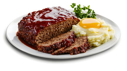 Delicious Meatloaf with Ground Beef and Pork Served with Mashed Potatoes and Egg on a White Plate