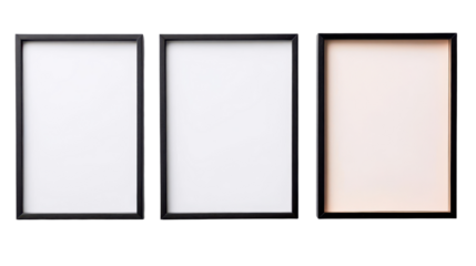 Framed Displays: A gallery of three empty picture frames with modern black borders, perfect for showcasing artwork, photographs, or creative content.