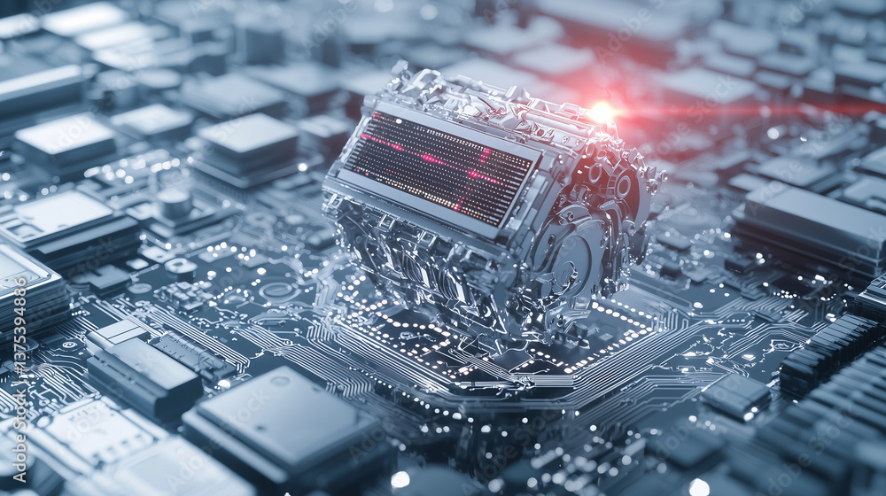 Poster digital core: a high-angle shot of a cutting-edge central processing unit (cpu) chip set against a b