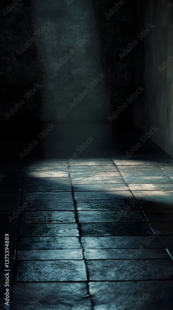 Poster dramatic shadows fall across a geometric tiled floor creating a moody cinematic atmosphere with stro