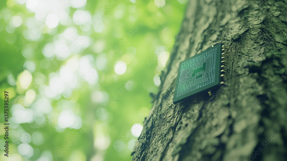 Aufkleber tech meets nature: a close-up shot of a tree with a technology chip embedded on its surface, a thoug