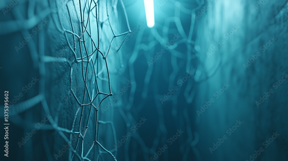 Poster illuminated mesh in moody ambiance: a close-up shot of a chain-link fence casting an intricate web o
