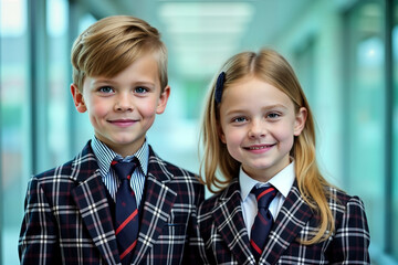 Tween blond boy and tween blond girl wearing tartan suits on the blue glass hall background.